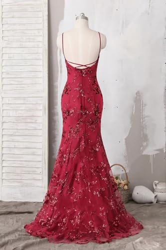 Sequin Applique Mermaid Prom Dresses Spaghetti Straps Tulle Ball Gown V Neck Formal Evening Party Gowns2