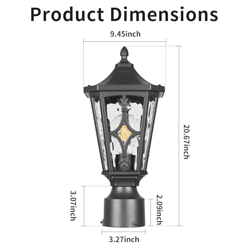 Image of JYZ Outdoor Post Lights Lamp Post Light Fixture, 21'' Pole Lantern with E26 Base 60W Max & Waterproof Aluminum Housing with Water Ripple Glass, Fence Post Deck Lighting for Garden, Patio, Pathway