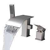 FSCEPIXI Waterfall Roman Tub Faucet with Hand Shower, Deck Mount Tub Filler Bathtub Faucet with Sprayer, Brass Widespread 3 Hole Bathtub Shower Faucet Set Brushed Nickel