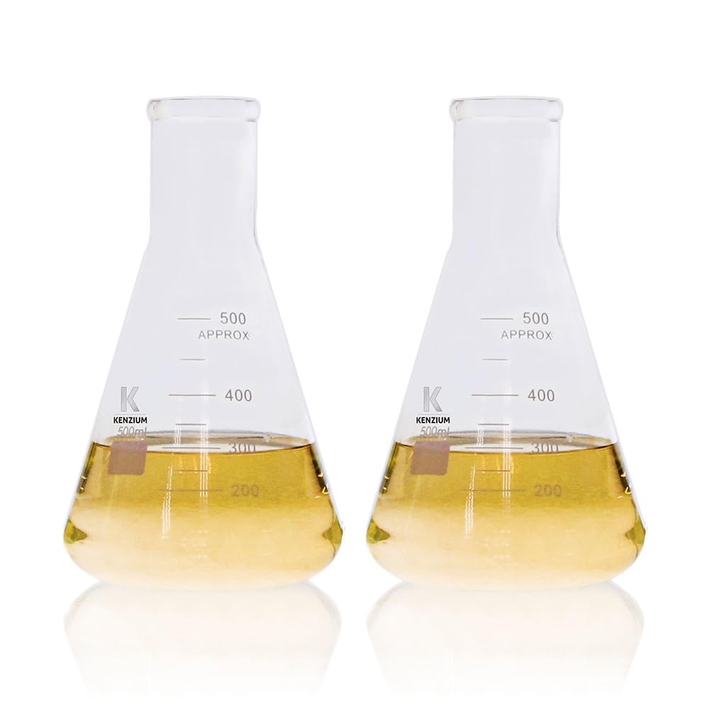 KENZIUM - Pack 2 x Erlenmeyer flask | 500ml | Borosilicate glass 3.3 | with Printed Graduation | Narrow Mouth | Ideal Laboratory and Education