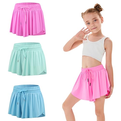 3 Pack Girls Flowy Shorts with Spandex Liner 2 in 1 Youth Junior Butterfly Skirts for Fitness Running Sports