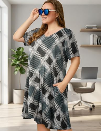 Image of OVERWORETY Womens Short Sleeve Plus Size T-Shirt Dress V Neck Casual Loose Swing A-Line Summer Tunic Dresses with Pockets