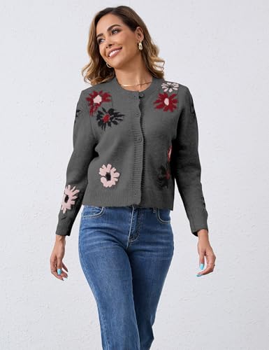 Image of Cardigan Sweaters for Women Cropped Button Down Sweater Long Sleeve Crew Neck Knit Floral Print Outwear
