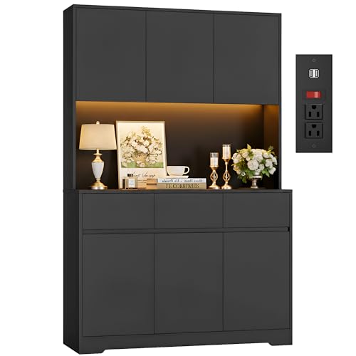 FINETONES 71' Tall Pantry Cabinet with Power Outlets and Led Lights, Large Kitchen Hutch Storage...
