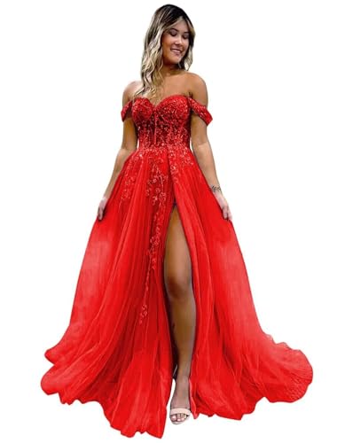 Off The Shoulder Tulle Prom Dresses with Slit Laces Applique Sweetheart Long Evening Party Dress