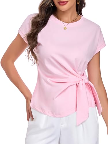 Image of HOTIAN Womens Cap Sleeve T Shirts 2026 Tie Waist Wrap Tops Crew Neck Blouses Dressy Casual Loose Work Business Dressy