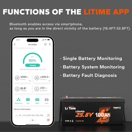 Image of LiTime 24V 100Ah Bluetooth LiFePO4 Lithium Battery, Low-Temp Cutoff Protection, Built-in 100A BMS, 4000+ Deep Cycles for Trolling Motors, RVs, Marine, Off-Grid, Home Energy