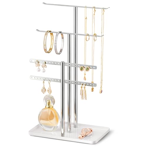 pickpiff Silver Jewelry Stand Holder Organizer: 14.5\" Sturdy Hanger for 80 Pcs Jewelry, Jewlery Tower for Display Necklace, Earring, Bracelet, Watch