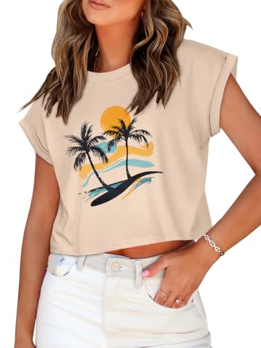 Image of Womens Crop Tops Summer Roll Cap Sleeve Cropped Tshirt Loose Fit Basic Tees