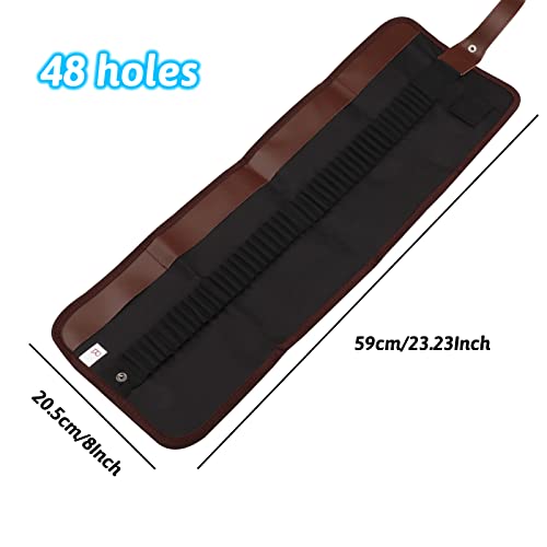Image of Canvas Pencil Wrap Case, 48 Holes Colored Pencil Roll Holder Storage Pouch for Office (48 Holes, Brown)
