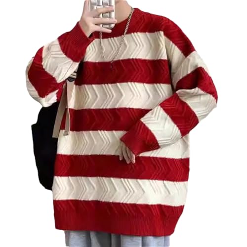 Men's Striped Knit O-Neck Sweater Pullover Loose Fit Streetwear Style Fashion Warm Winter Knitwear Top
