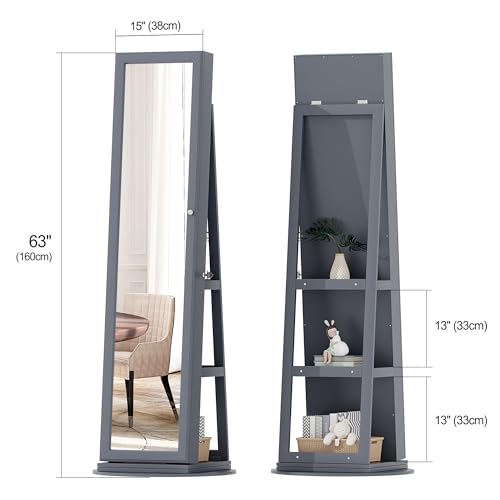 OUTDOOR DOIT 360° Rotating LED Jewelry Armoire with Lockable,3 Color Dimmable Full Length Mirror with Makeup Tray,Jewelry Organizer Cabinet with Back Storage Shelves