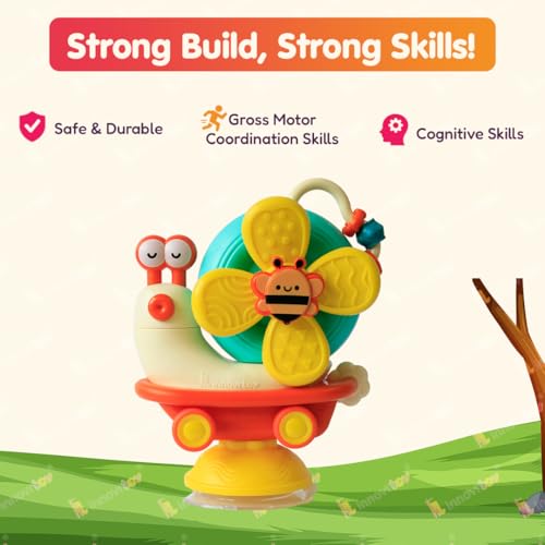 Image of 5 Modes of Play Yellow Snail Spinner Toy for Baby 0-3 Years - Convertible Friction Powered Car - Sensory Toy for Kids with Suction Cup Base - Perfect Baby Gift Set - Made in India