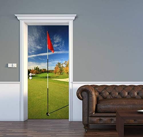 3D Door Decal Red Flag on a Beautiful Golf Course in Fall Door Stickers Removable Adhesive PVC Door Wall Mural Door Wallpaper Door Art for Home Decor 30.3" W x 78.7" H
