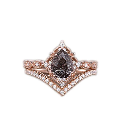 Pear Shaped Black Rutilated Quartz Engagement Ring 2pcs Rose Gold Engagement Ring Antique Stacking Set Chevron Paved Ring Vine Flower Halo