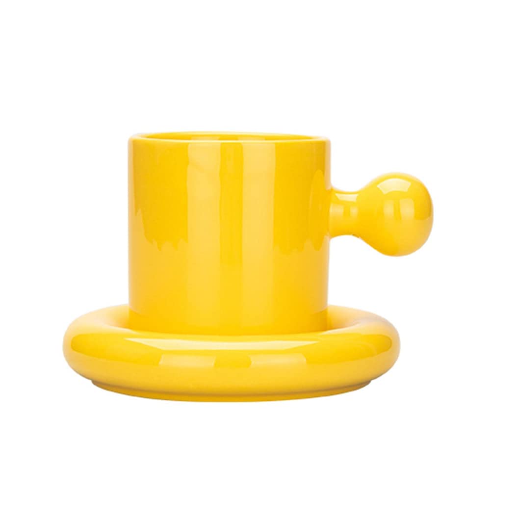 Urocze ceramiczne kubki do kawy ze spodkiem, ręcznie robiony kubek ceramiczny, nowoczesne wielokolorowe kubki idealne do herbaty, kawy, cappuccino i innych napojów, zmywarki i kuchenki mikrofalowej, rozmiar S, żółty
