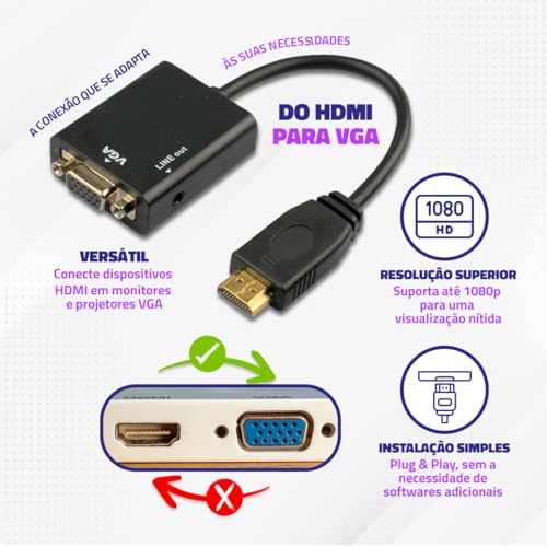 Cabo Conversor Adaptador Hdmi Para Vga Com Saída P2 Áudio e Vídeo