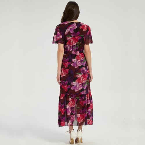 Image of Women's Summer Bohemian Floral Chiffon Dress Cap Sleeve V Neck Ruffle Long Flowy Boho Casual Vacation Dresses