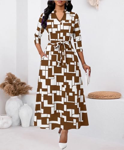 Image of BubFee Maxi Dresses for Women Semi Formal Long Dress 3 /4 Sleeve Casual A-line Church Dresses with Pockets