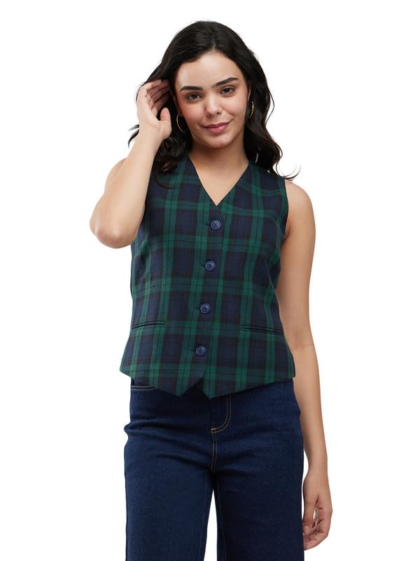 fablestreet Cotton Checkered Waistcoat - Green and Black-picture-15