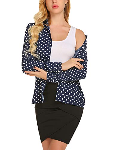 Zeagoo Women's Long Sleeve Casual Button Up Polka Dot Blouse Office Shirt Top, Blue, Medium