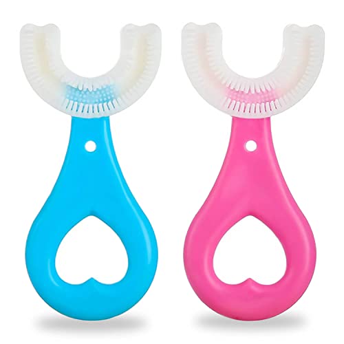 2Pcs Kids Toothbrushes,U Shaped Toothbrush 360°All-Round Cleaning Silicone Teeth Brush for Kids 2-6Years(Blue and Pink