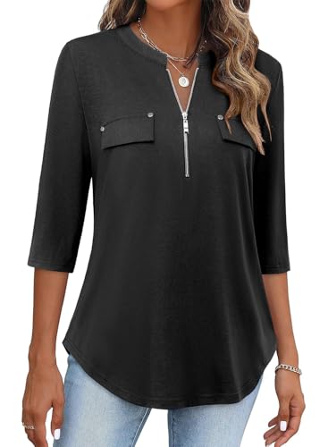 Image of Bulotus Womens 3 /4 Sleeve Tops Plus Size V Neck Zipper Business Casual Blouses for Office & Going Out Soft Knit Tunics, M-3XL