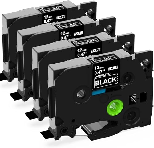TZe-335 White on Black Label Tape Label Kingdom Compatible with Brother P Touch TZe335 Black Printer Tape 12mm 0.47" TZe TZ 1/2" Use for Brother PT-D210 PT-D220 PT-H110, 4-Pack