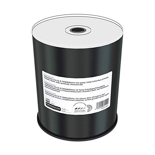 Professional Line CD-R 700Mb|80Min 52-fache Schreibgeschwindigkeit, vollflächig bedruckbar (Tintenstrahldrucker), Proselect Weiß, voll Metallisiert, Silberne Schreibseite, 100er Cakebox