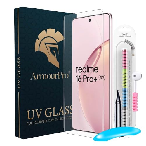 Image of ArmourPro UV Glue Tempered Glass for Realme 16 Pro Plus Curved Screen Protector, 9H Anti Scratch, Edge-to-Edge Coverage, HD Clarity, Easy UV Kit with Cable Protector