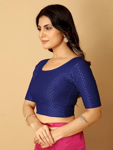 Image of Amazon Brand - Anarva Round Neck Dobby Cotton Lycra Stretchable Elbow Half Sleeve Readymade Saree Blouse for Women Stylish