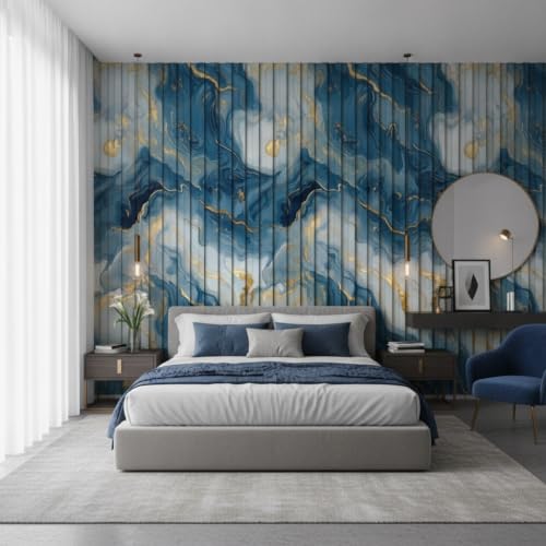 Image of Blue Gold Louvers Self-Adhesive Kitchen Wallpaper Roll, PVC 3D Wall Sticker Oil Proof, Waterproof & Washable Wallpaper for Home Decor, Living Room, Bedroom, Hotel & Cafe Walls (45x300cm)