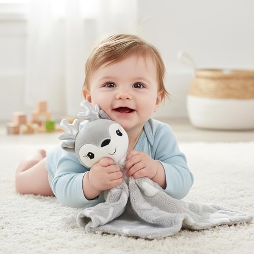 Image of June Garden Personalized Baby Deer Security Blanket - Custom Name Embroidered Grey Newborn Comforter - Soft Textured Plush Snuggle Lovey Toy
