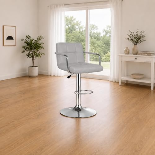 Image of NGFC Adjustable Bar Stool, Grey Leather Office Chair with Chrome Base, Quilted Cushion, Swivel Desk Chair with Armrests
