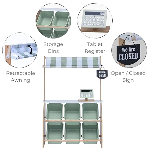 Teamson Kids Little Helper Wooden Farmer's Market Stand with Pretend Cash Register and 6 Plastic Storage Bins, Green, TD-13638A-AMZ - Thumbnail 4
