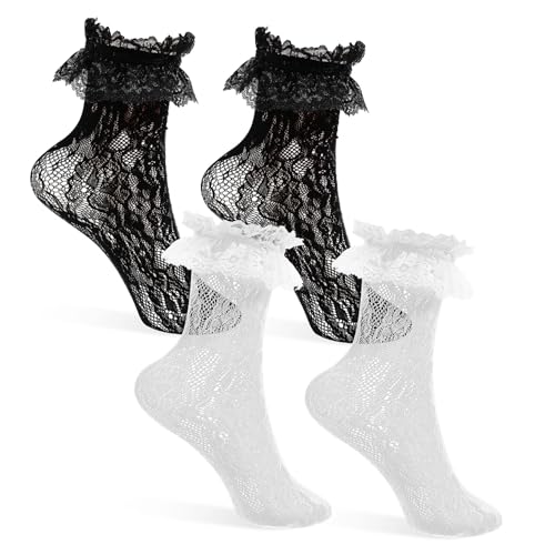 Image of SHERCHPRY 2 Pairs Women Lace Socks with Ruffle Frilly Socks Women Lace White and Black Ruffle Sock for Woman Ladies Accessories
