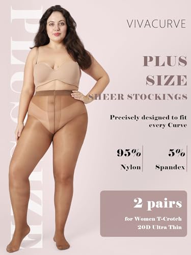 Image of Plus Size Sheer Black Tights for Women T-Crotch 20D Ultra Thin Pantyhose High Waist Stockings 2 Pairs