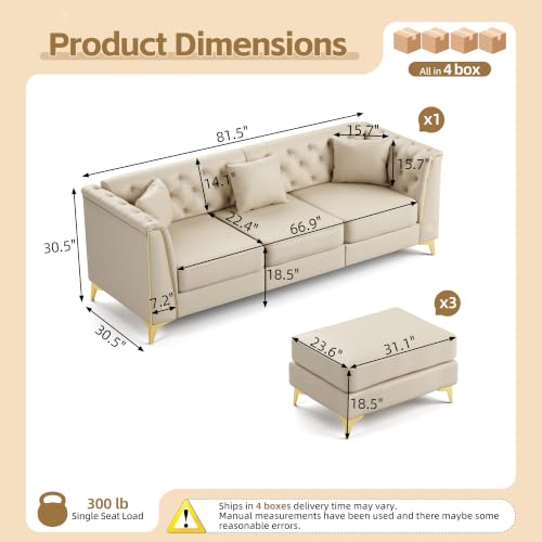 Image of KEIKI 82 inch Faux Leather Chesterfield Sofa with Handmade Button Tufted, Beige | Luxury Modern 3-Seater Couch with Metal Trim Armrests & High Resilience Cushion & 3 Ottoman & 3 Pillow, for Living Room