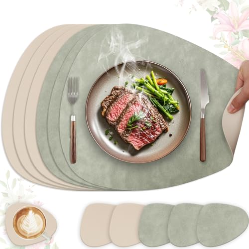 HELI MIAO Set de Table Lavable et Antidérapant, Lot de 6 Sets de Table en Cuir PU Double Face, Décoration de Cuisine et Cadeau Ovale 41x33cm(Vert Clair +...