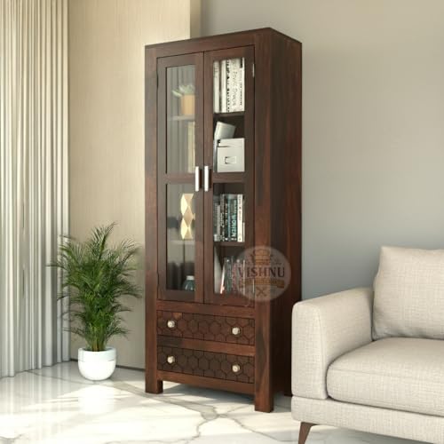 Image of Sheesham Wood Bookshelf with Acrylic Glass Door for Home Library Solid Wood Bookcase Wooden Crockery Cabinet for Kitchen (Walnut Finish)