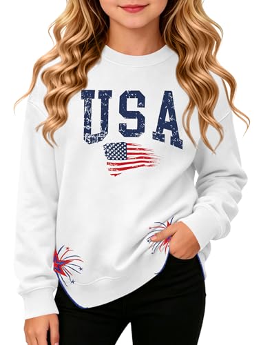 Image of Ithalt Kids USA Sweatshirt Boys Girls 4th of July Shirt American Patriotic Pullover with Embroidered Side Slits 5-14y