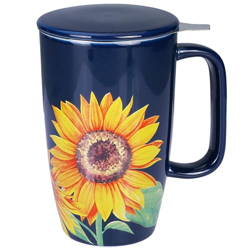 Sunddo Ceramic Tea Mug with Infuser and Lid,15 OZ Loose Leaf Tea Cup, Sunflower Coffee Mug Tea Gifts for Tea Lovers,Blue