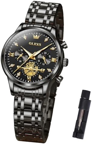 OLEVS Black Watches for Women Luxury Stainless Steel Band Diamond Accents Stylish Ladies Wrist Watch Waterproof Fashion Dress Watch for Business & Party