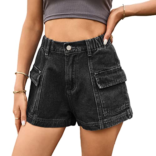 CBDAO Korean Version Denim Shorts Women's Summer Pocket Work Shorts Women's Casual Shorts (Black Gray,M,Medium)