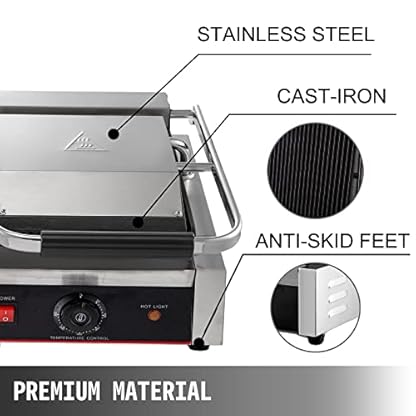 VEVOR Kontakt Grill LD-813E Panini Grill Effiziente Heizfläche 490x230mm, Grilltoaster aus Edelstahl, 1,8kw Kontaktgrill… – Bild 4