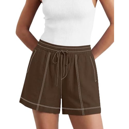 LOMON Women's Casual Linen Shorts Elastic Waisted Drawstring Summer Shorts with Pockets Coffee_w XX-Large