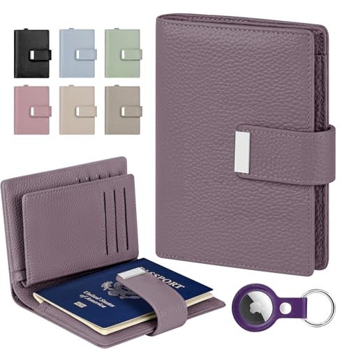 BKNOOU RFID Blocking Passport Holder with Airtag - Leather Travel Passport Wallet for Women, Slim Bifold Travel Passport Holder Holds Cards & Tickets & Cash (Light Purple)