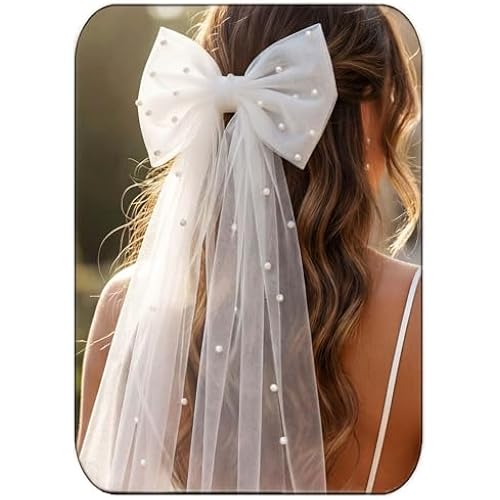 JAKAWIN Bride Wedding Hair Bow White Tulle Bridal Veil Hair Clip for Women