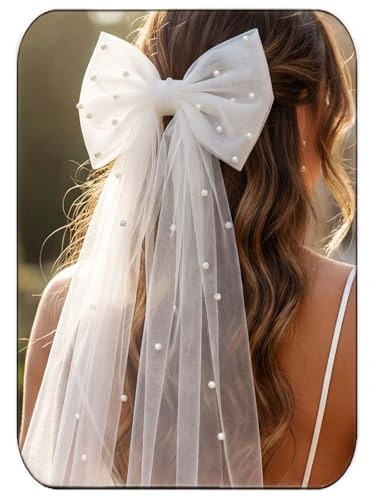 JAKAWIN Bride Wedding Hair Bow White Tulle Bridal Veil Hair