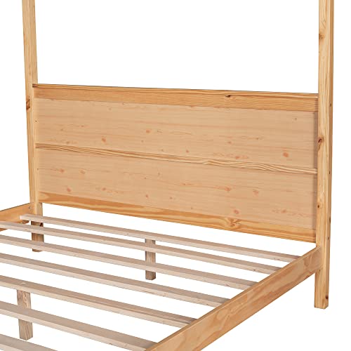 Harper & Bright Designs Queen Size Canopy Bed With Headboard,4-Post Canopy Platform Bed Frame, Solid Wood Queen Bed Frame For Kids Teens Adults, No Box Spring Needed (Natural) #TOP4